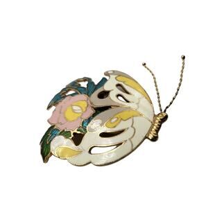 Vintage Butterfly Brooch Cloisonne Style Enamel Floral Gold Tone Pin